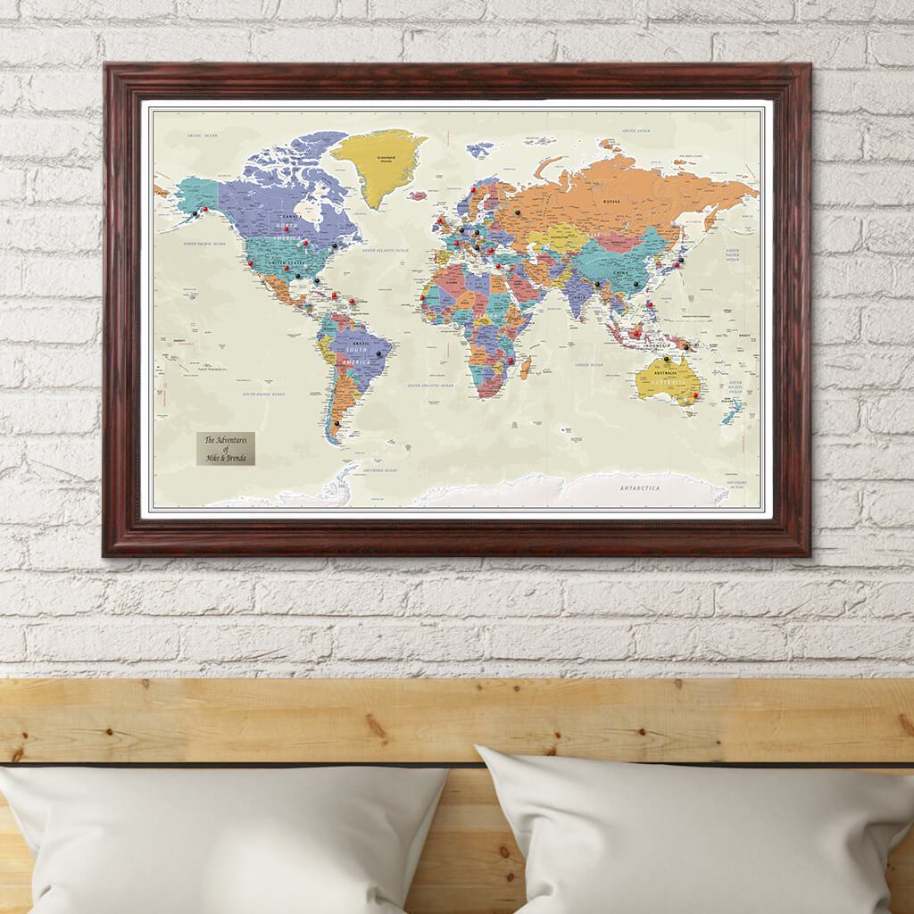 Tan Ocean World Push Pin Travel Map in Solid Wood Cherry Frame