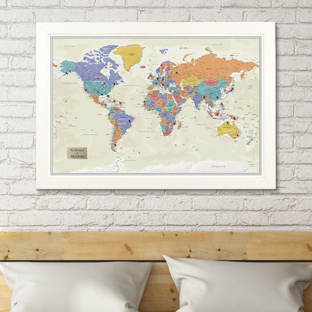 Tan Ocean World Push Pin Travel Map in Textured White Frame