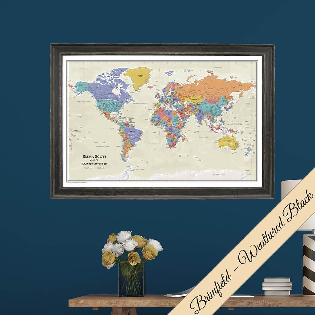 Canvas Tan Oceans World Map in Premium Brimfield Weathered Black Frame