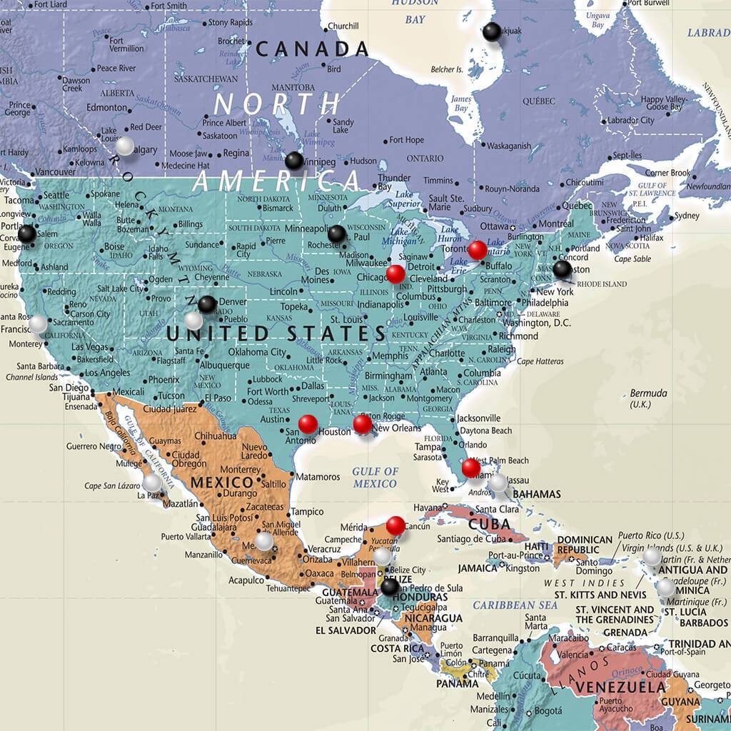 Closeup of USA on Tan Oceans World Travel Map with Pins