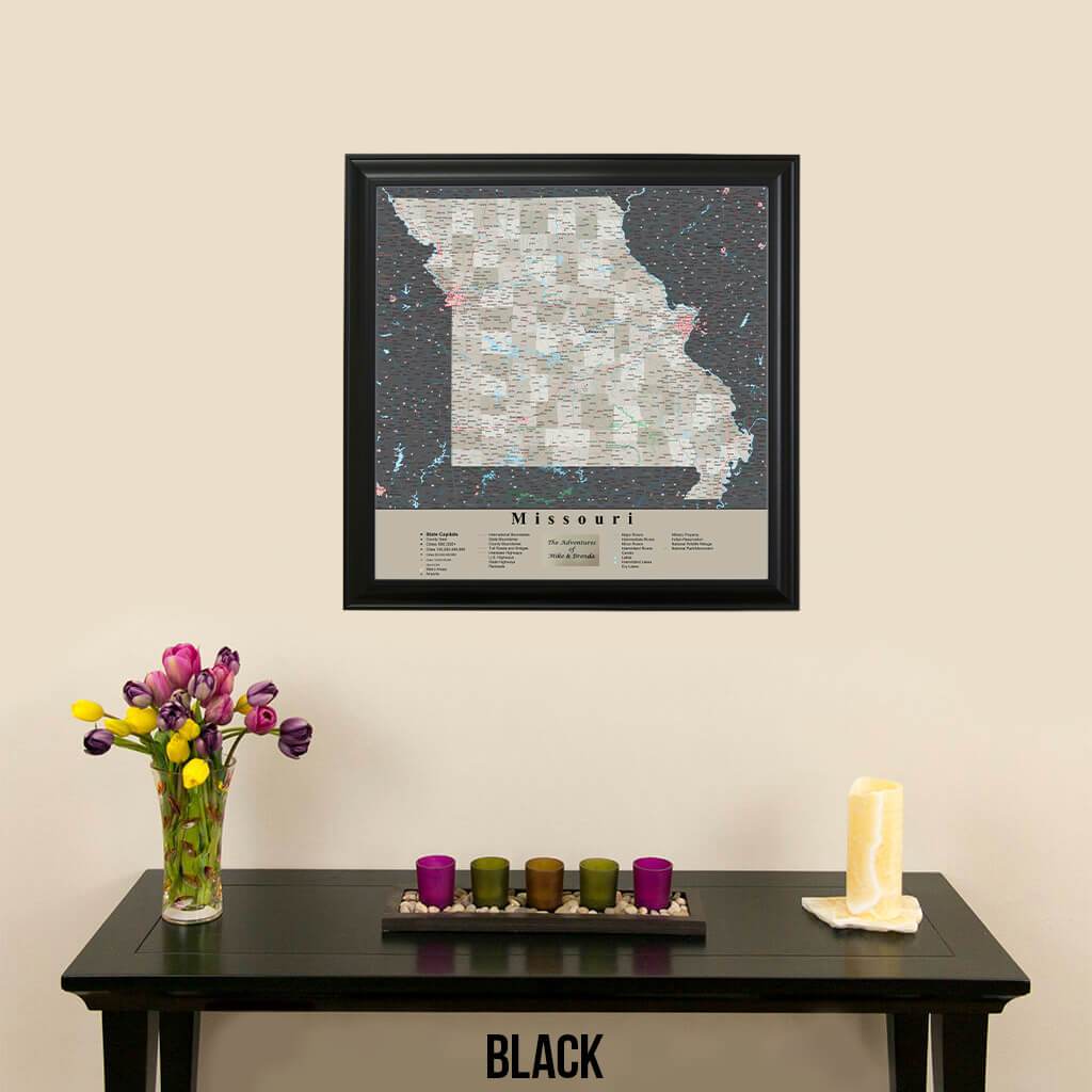 Earth Toned Missouri Push Pin Map with pins Black Frame