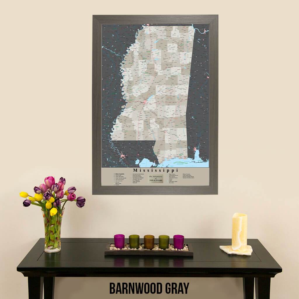 Earth Toned Mississippi State Travelers Map with Pins Barnwood Gray Frame