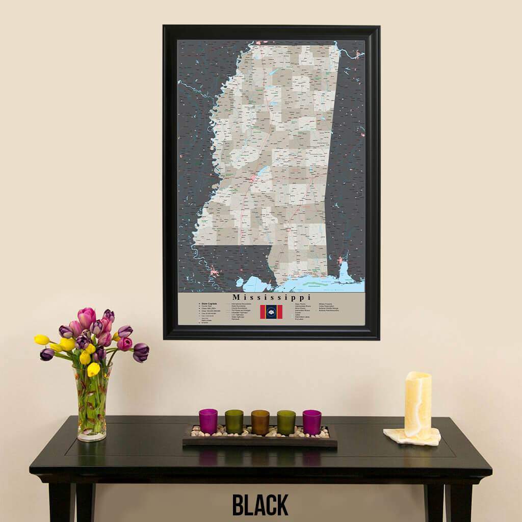 Earth Toned Mississippi State Travelers Map with Pins Black Frame