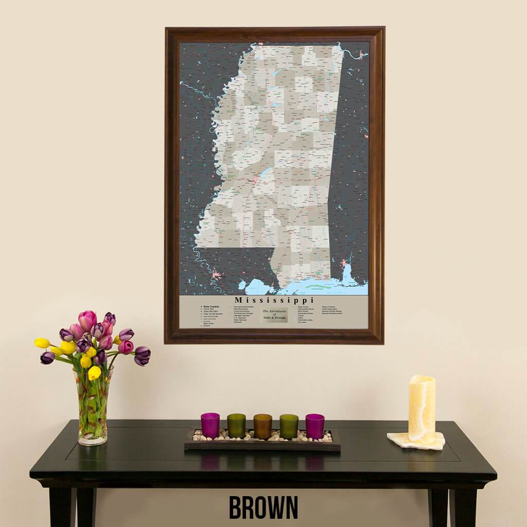 Earth Toned Mississippi State Travelers Map with Pins Brown Frame