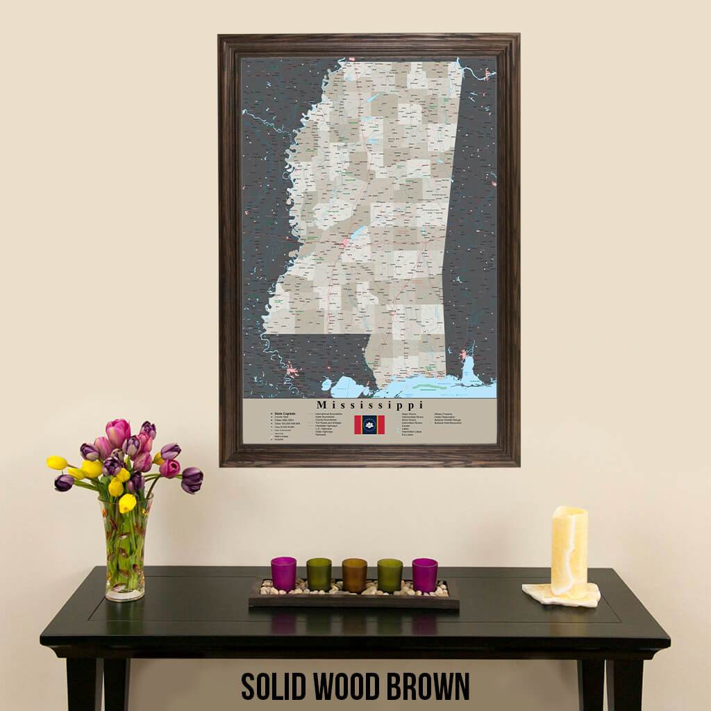 Earth Toned Mississippi State Travelers Map with Pins Solid Wood Brown Frame