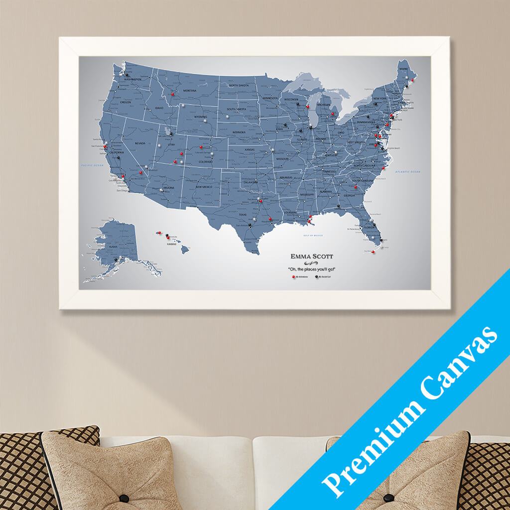 Framed Canvas Blue Ice US Travelers Map with Pins