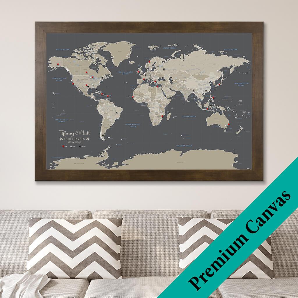 Canvas Travelers Map - Earth Toned World Map with Pins