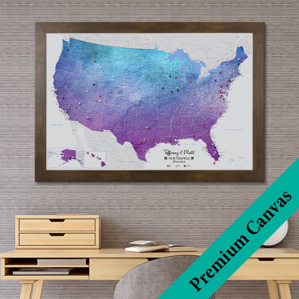 Canvas Vibrant Violet Watercolor USA Map with Pins