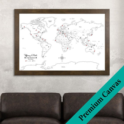 Canvas Black & White Hand-Drawn Illustrative World Map with Pins 