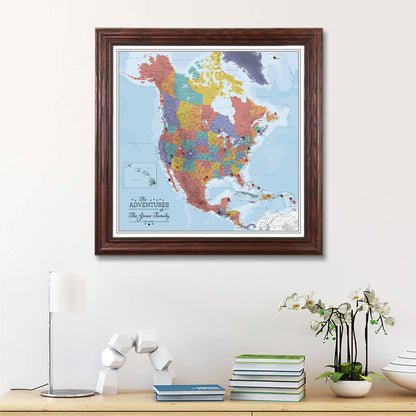 Framed Canvas Blue Oceans North America Map in Solid Wood Cherry Frame