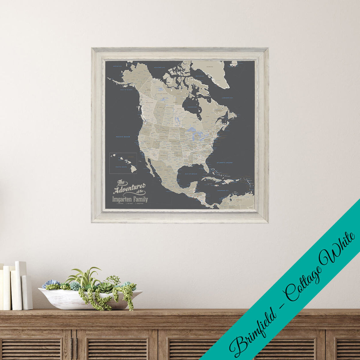 Canvas Earth Toned North America Map in Premium Brimfield White Frame
