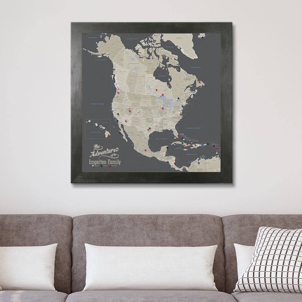 Canvas Earth Toned North America Map in Rustic Black Frame