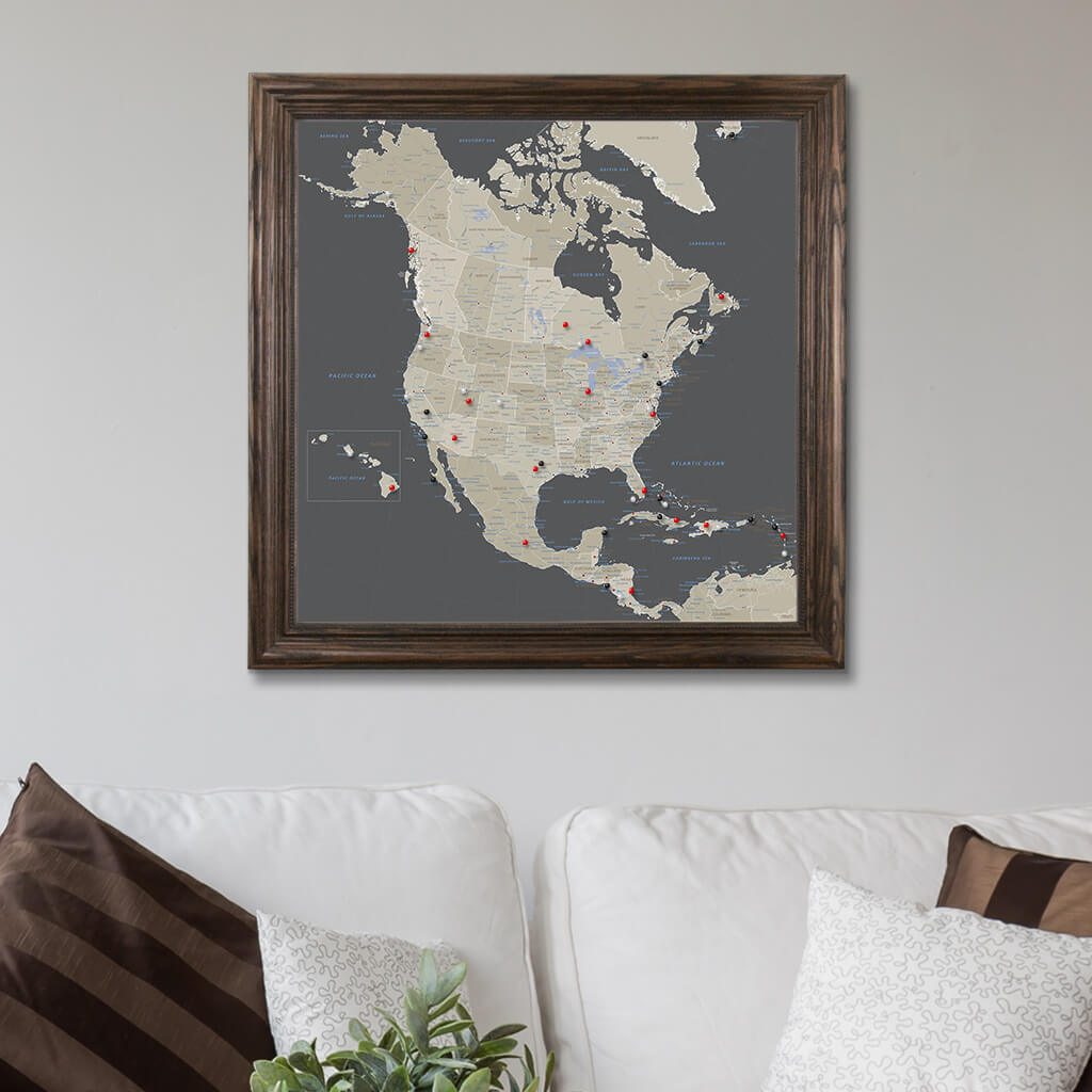 Earth Toned North America Map with Solid Wood Brown Frame