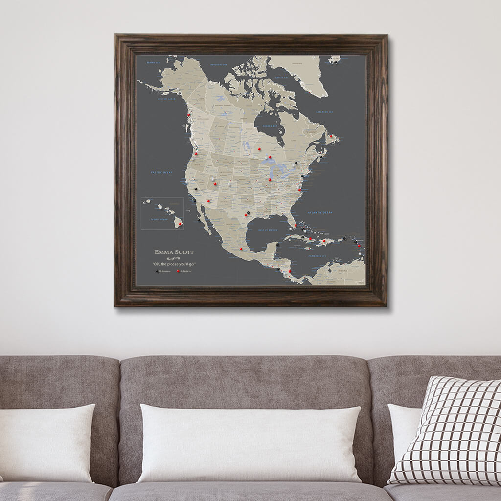 Canvas Earth Toned North America Map in Solid Wood Brown Frame