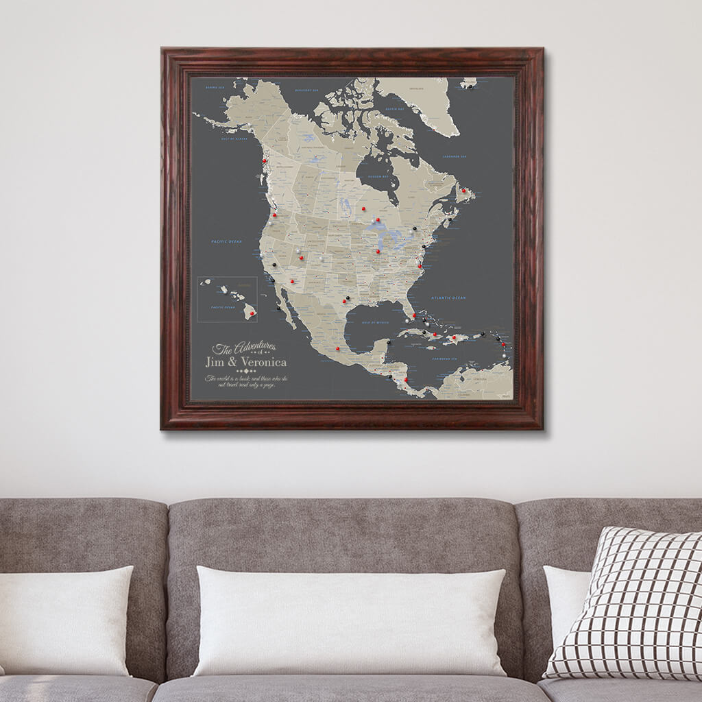 Canvas Earth Toned North America Map in Solid Wood Cherry Frame