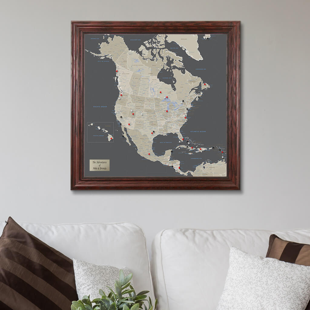 Earth Toned North America Map with Solid Wood Cherry Frame