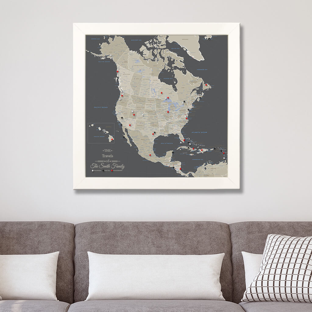 Canvas Earth Toned North America Map in Textured White Frame