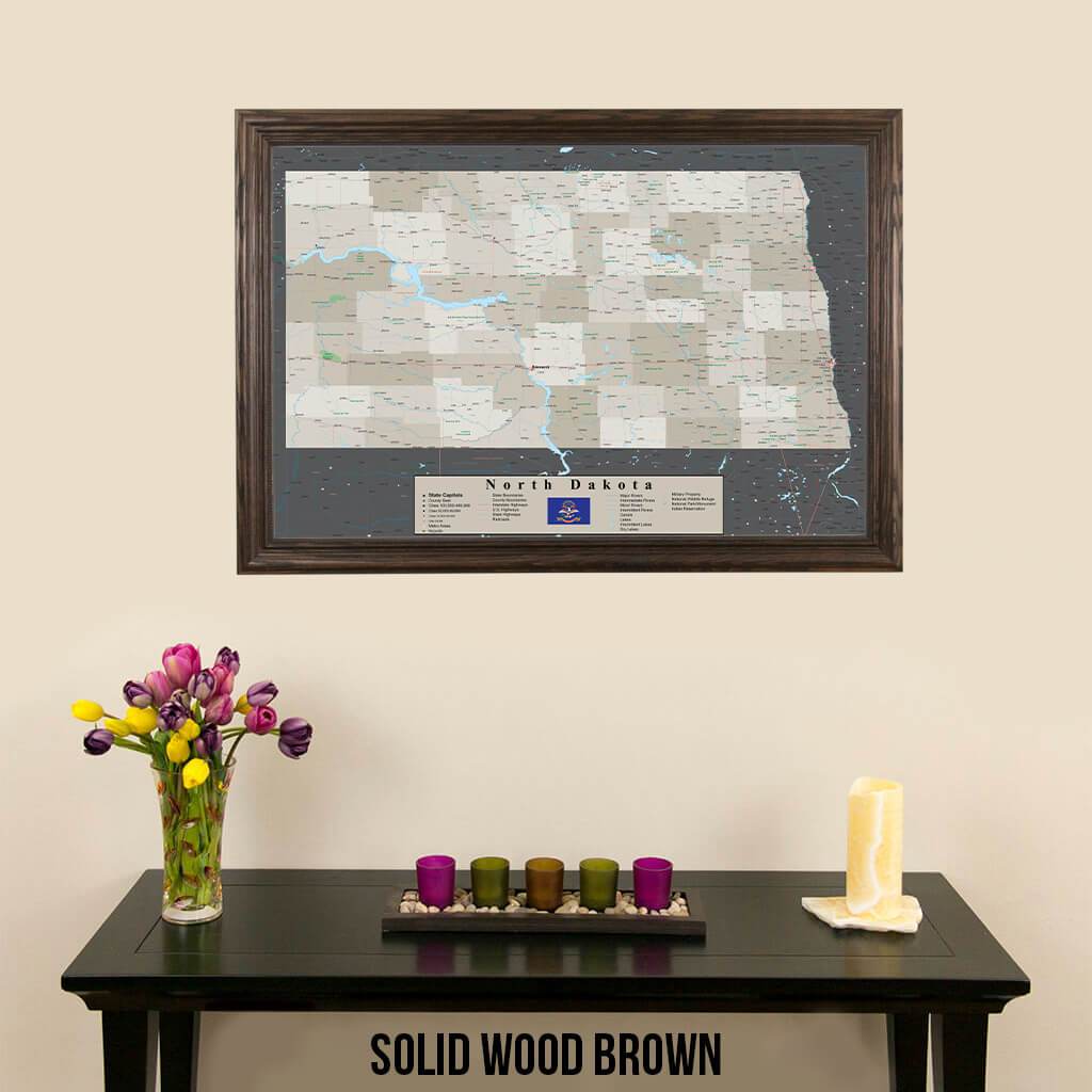 Earth Toned North Dakota Pin Travel Map Solid Wood Brown Frame