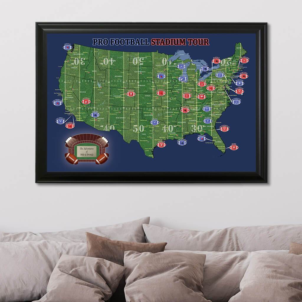 US Football Stadiums Pin Map with Pins in Black Frame