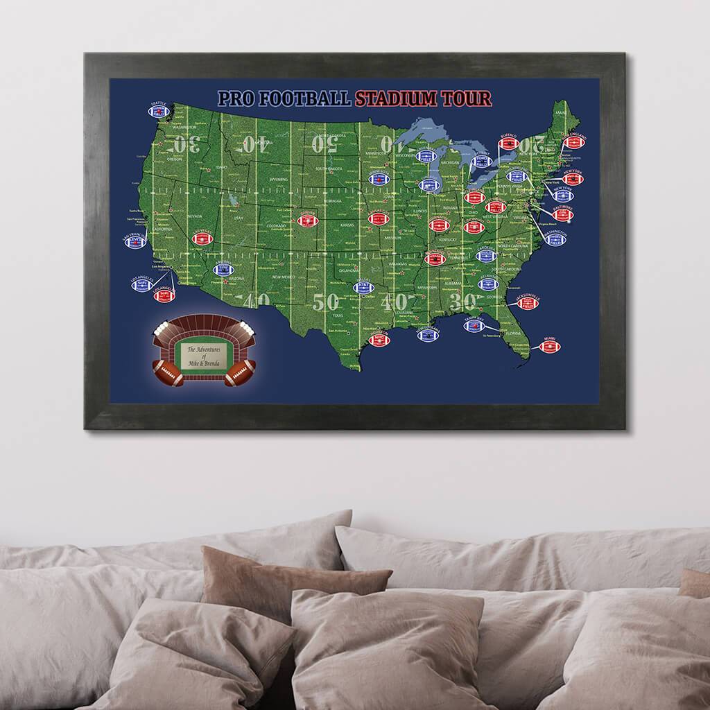 US Football Stadiums Pin Map with Pins in Rustic Black Frame