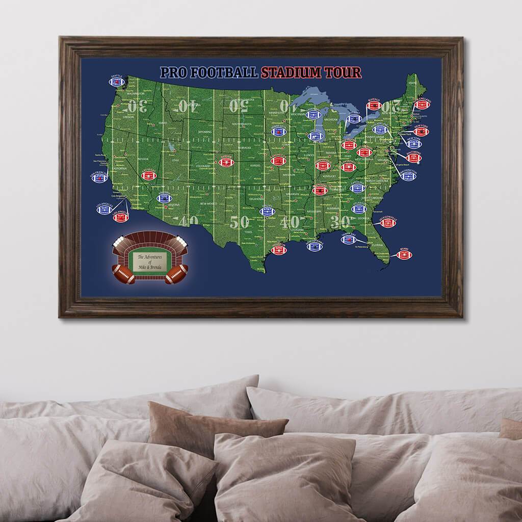 US Football Stadiums Destination Map with Pins with Solid Wood Brown Frame