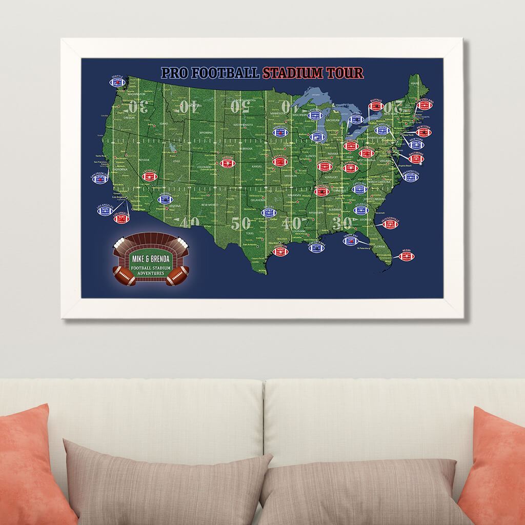 Canvas US Football Stadiums Map in Textured White Frame