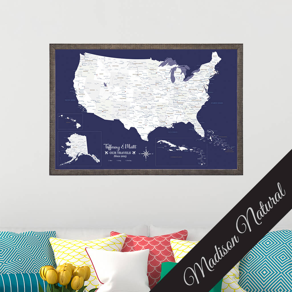 Canvas Navy Explorers USA Push Pin Map in Premium Madison Natural Brown Frame