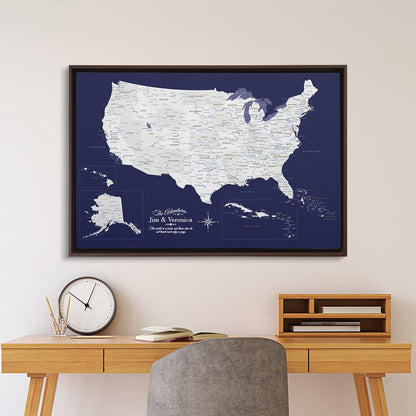 Brown Float Frame - 24x36 Gallery Wrapped Canvas Navy Explorers USA & Caribbean Map