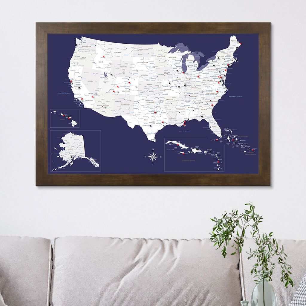 Navy Explorers US Caribbean Map in Rustic Brown Frame