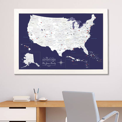 Canvas Navy Explorers USA Push Pin Map in Textured White Frame