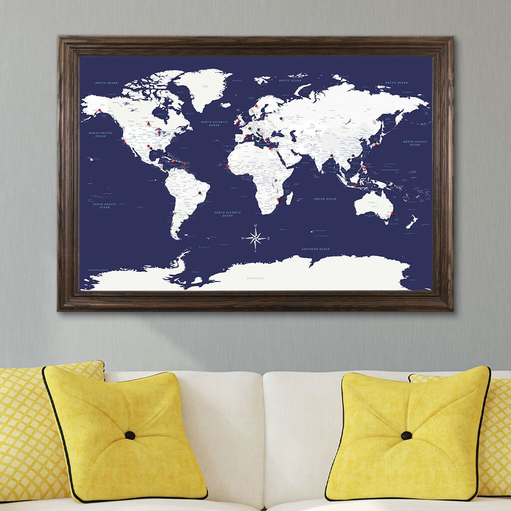 Navy Explorers World Pin Map in Solid Wood Brown Frame