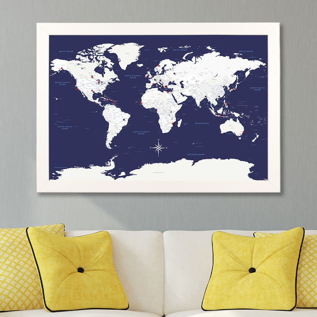 Navy Explorers World Pin Map in Textured White Frame