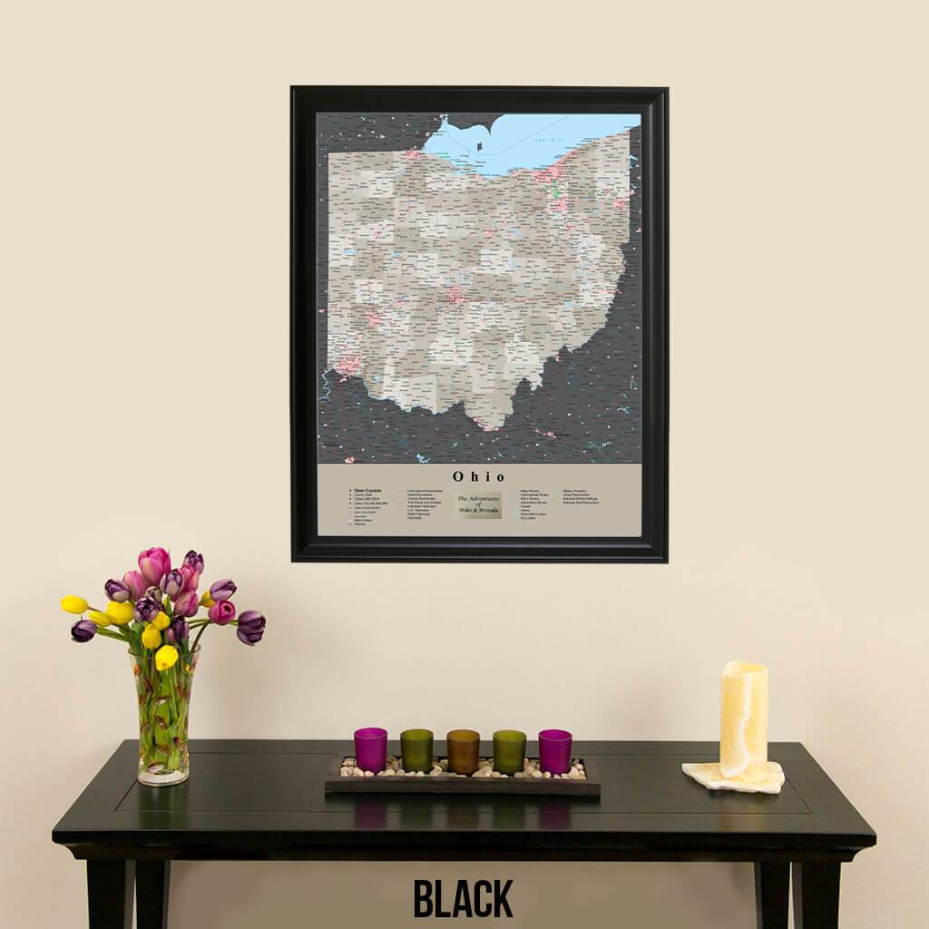 Earth Toned Ohio State Push Pin Map with Pins Black Frame