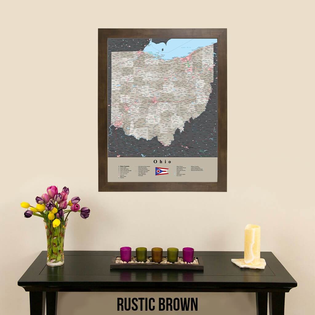 Earth Toned Ohio State Push Pin Map with Pins Rustic Brown Frame