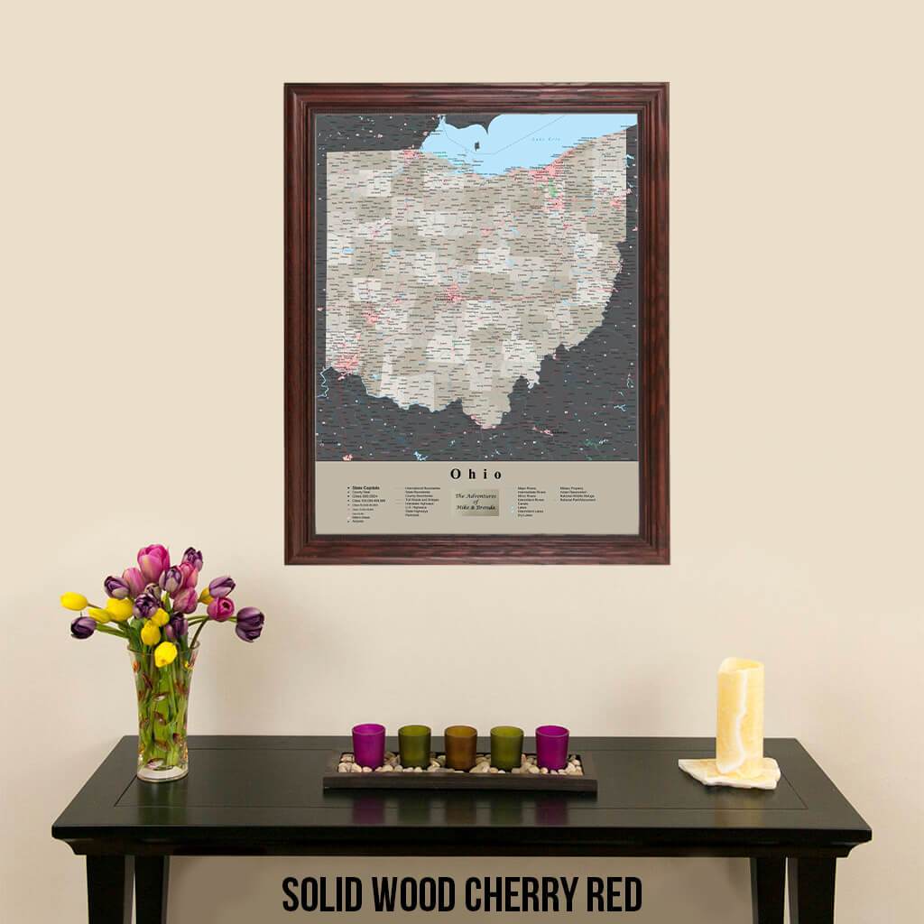 Earth Toned Ohio State Push Pin Map with Pins Solid Wood Cherry Frame