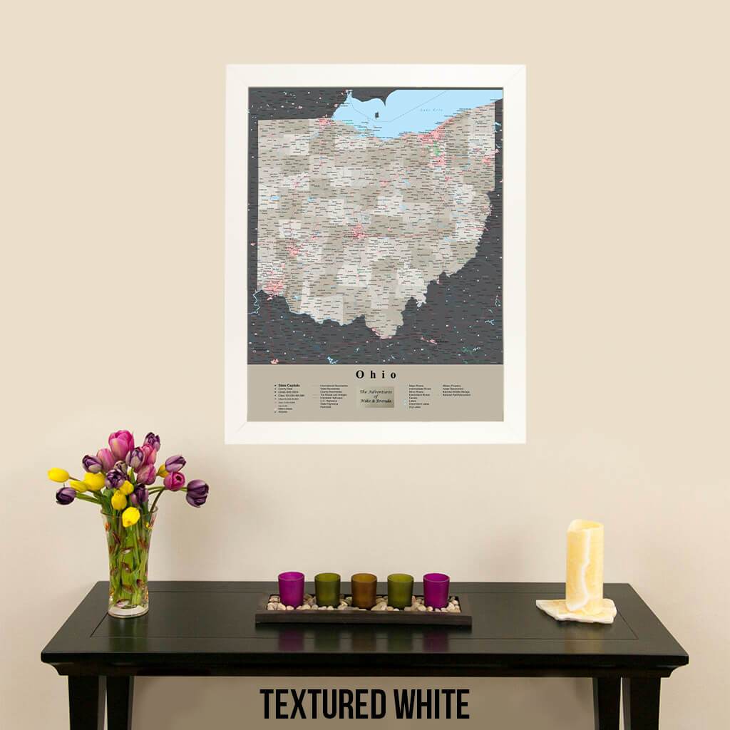 Earth Toned Ohio State Push Pin Map with Pins Textured White Frame
