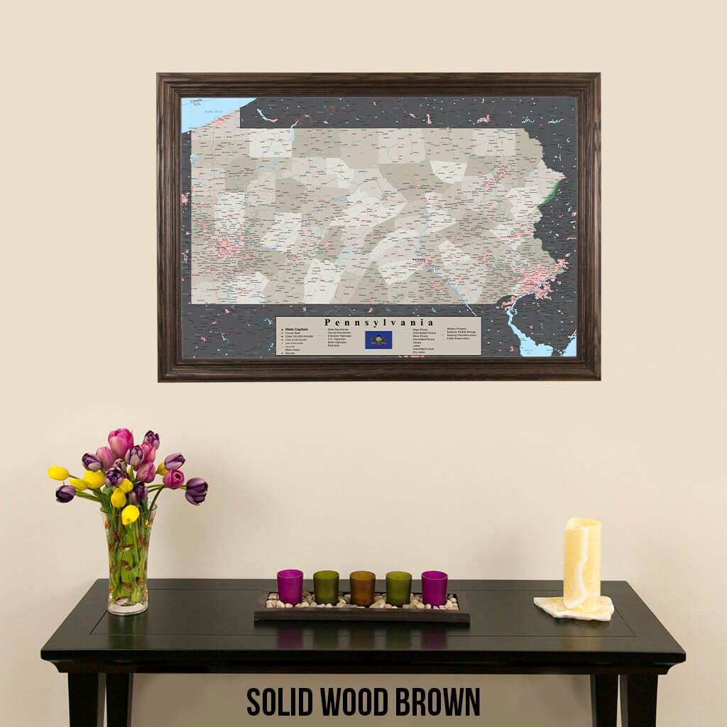 Earth Toned Pennsylvania State Push Pin Travelers Map Solid Wood Brown Frame
