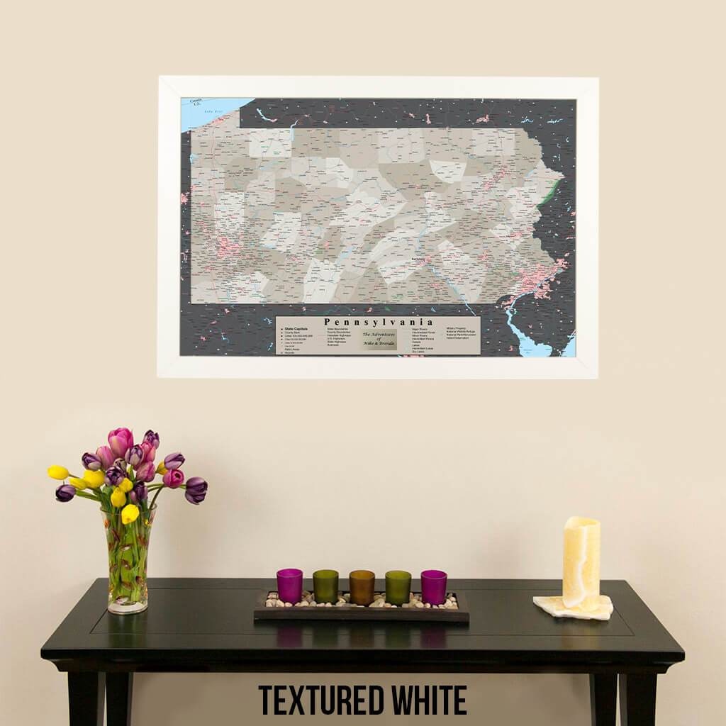 Earth Toned Pennsylvania State Push Pin Travelers Map Textured White Frame