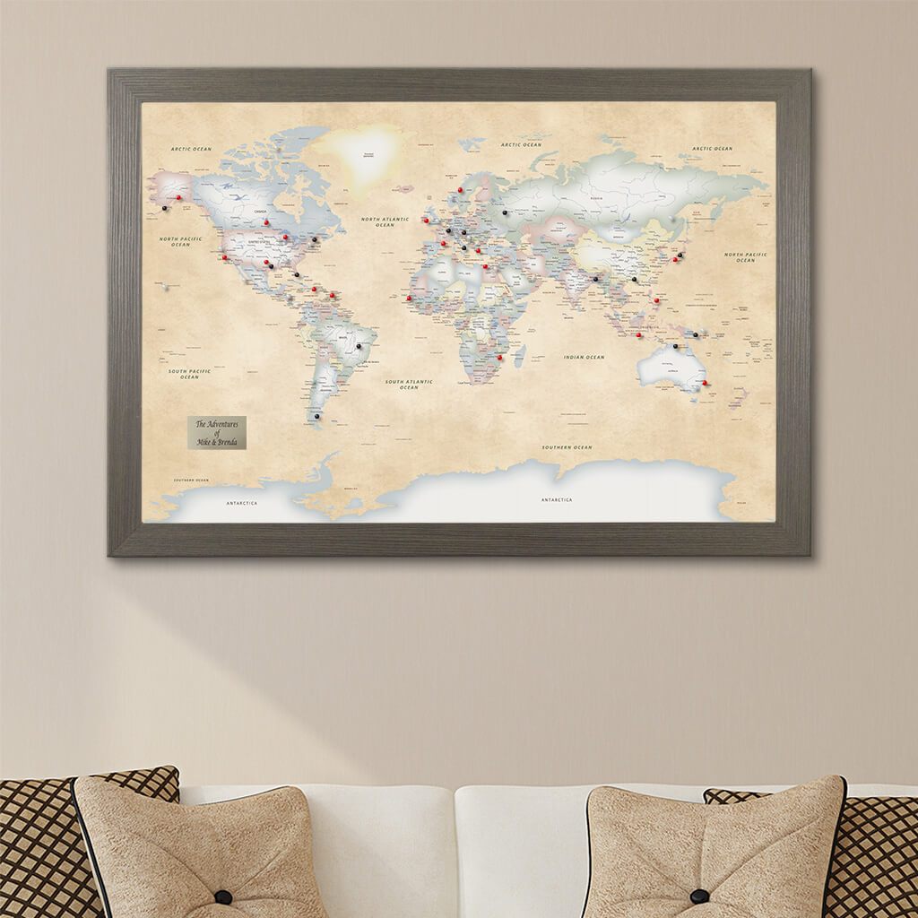 Perfectly Pastel World Push Pin Travel Map Barnwood Gray Frame