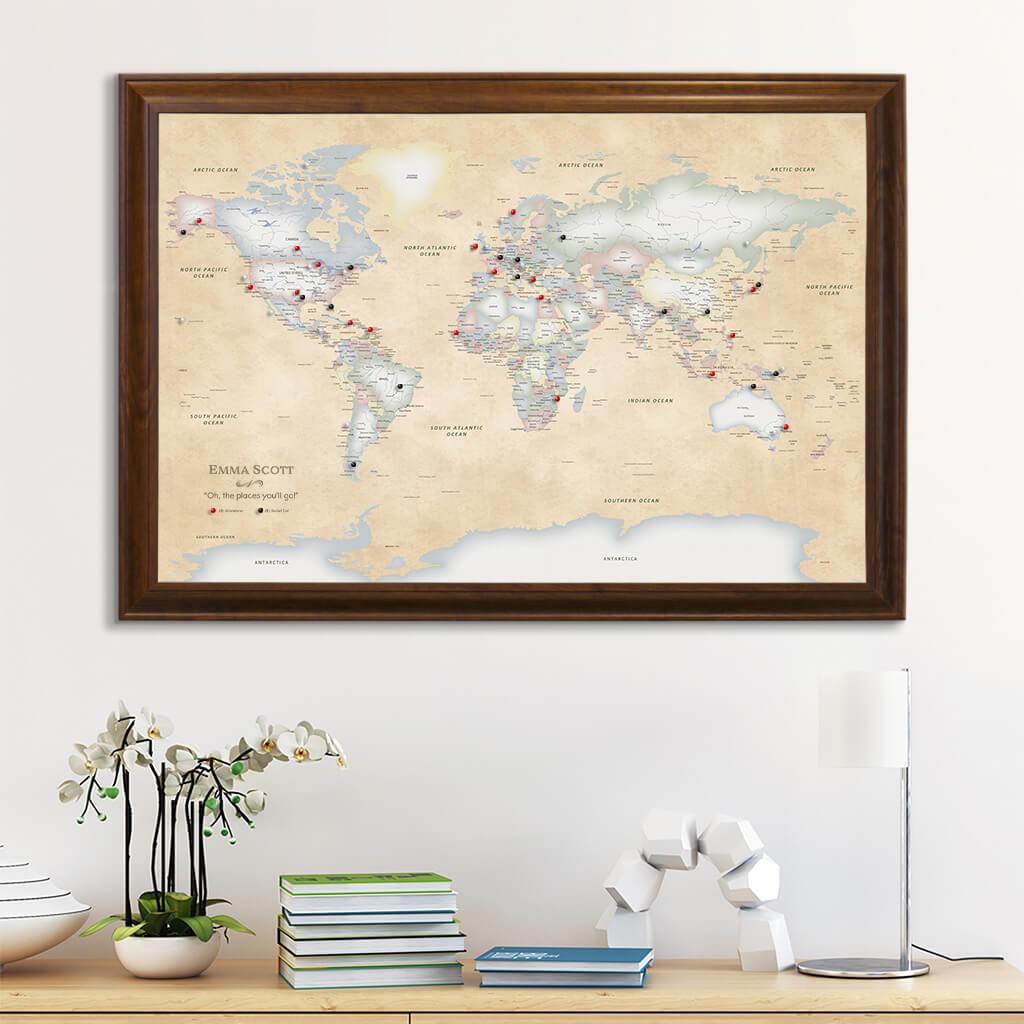 Canvas Pastel World Map with Pins Brown Frame