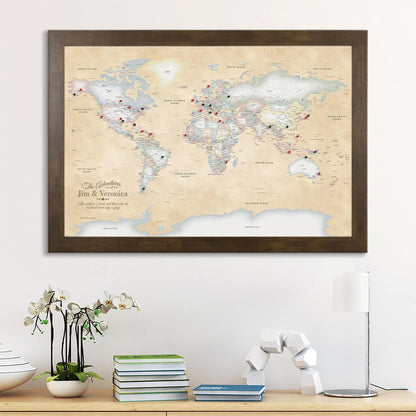 Canvas Pastel World Map with Pins Rustic Brown Frame