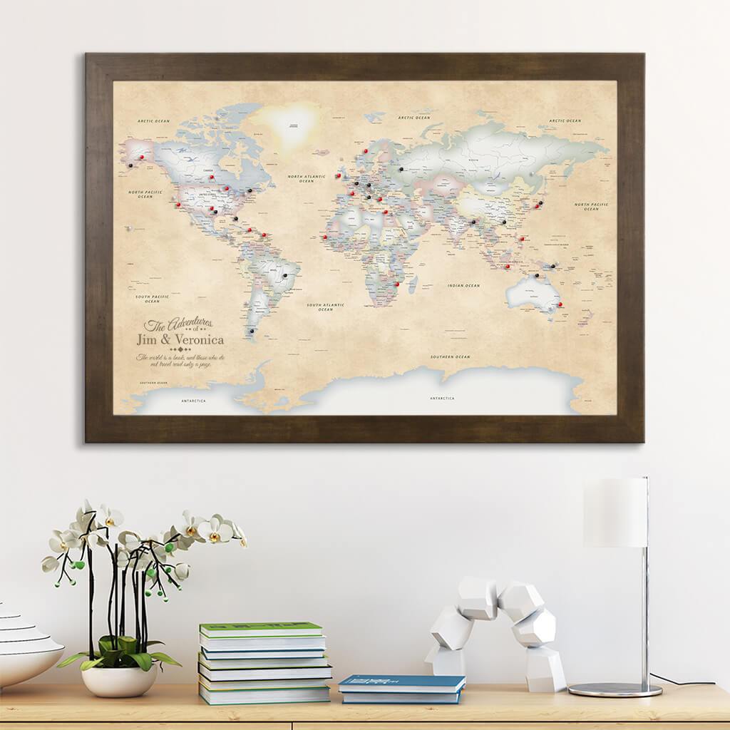 Canvas Pastel World Map with Pins Rustic Brown Frame