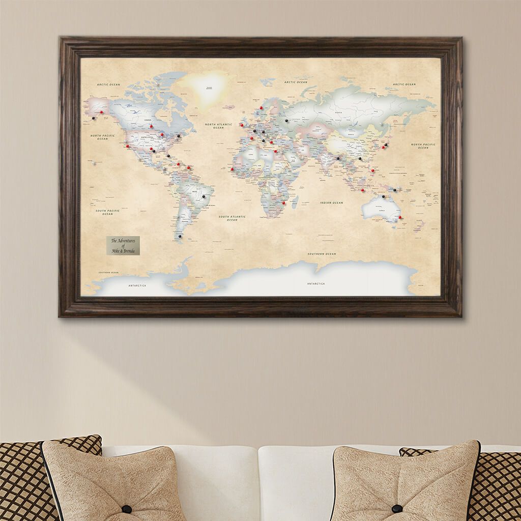 Perfectly Pastel World Push Pin Travel Map Solid Wood Brown Frame