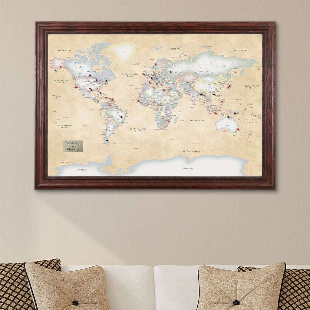 Perfectly Pastel World Push Pin Travel Map Solid Wood Cherry Frame