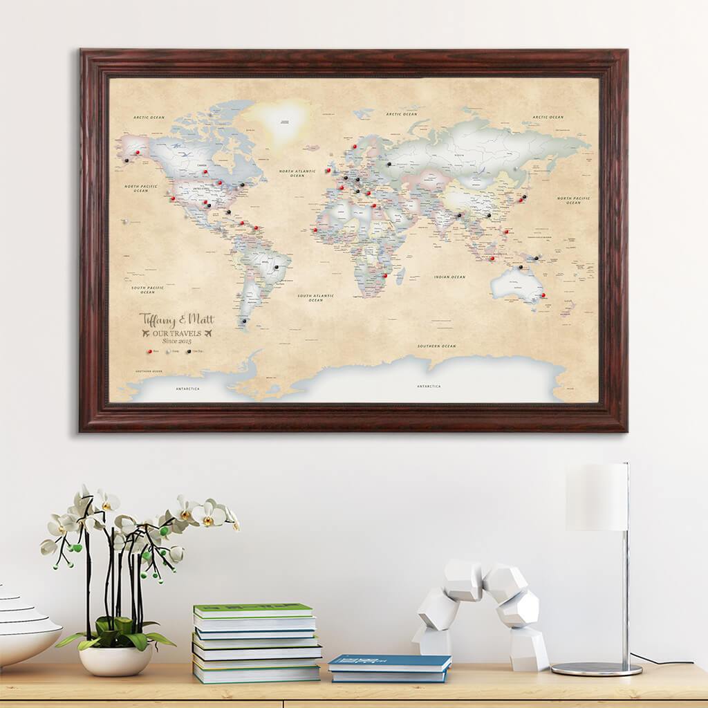 Canvas Pastel World Map with Pins in Solid Wood Cherry Frame