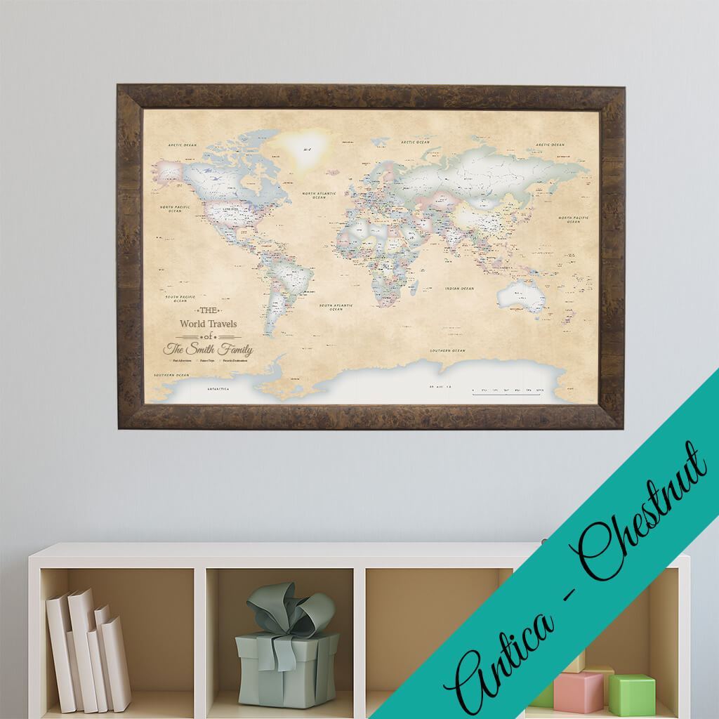 Canvas Pastel World Map in Antica Chestnut Frame