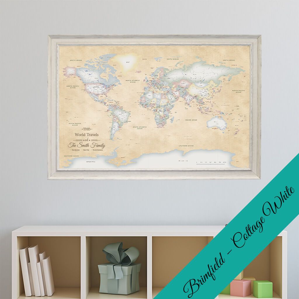 Canvas Pastel World Map with Brimfield Cottage White Frame