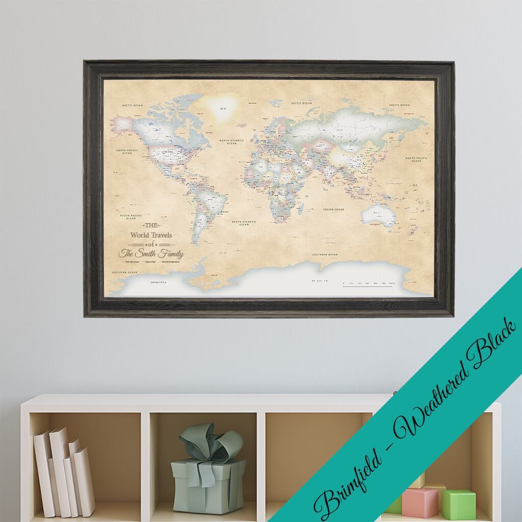 Canvas Pastel World Map in Premium Brimfield Black Frame