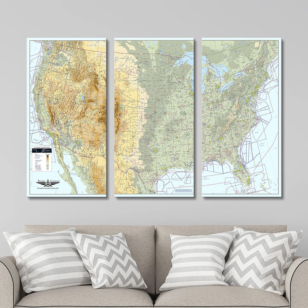 3 Panel Gallery Wrapped Pinnable Pilot&#39;s VFR USA Wall Map