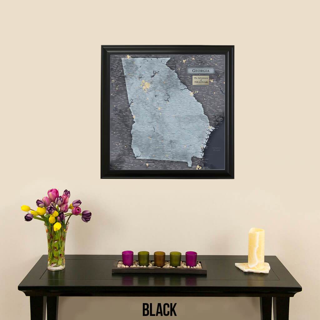 Push Pin  Map of Georgia State Slate Colored in Black Frame